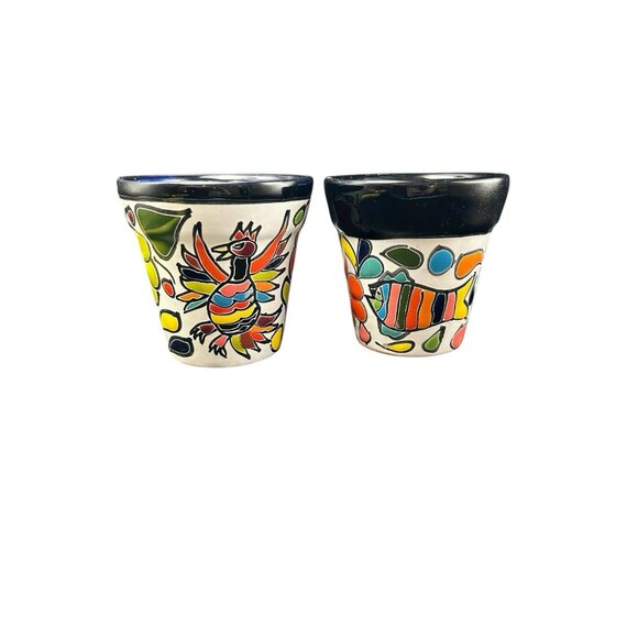 Pottery Planter Red Ware Mexico Set 2 Fish Rooster Floral Talavera Colorful 4" - Picture 3 of 8